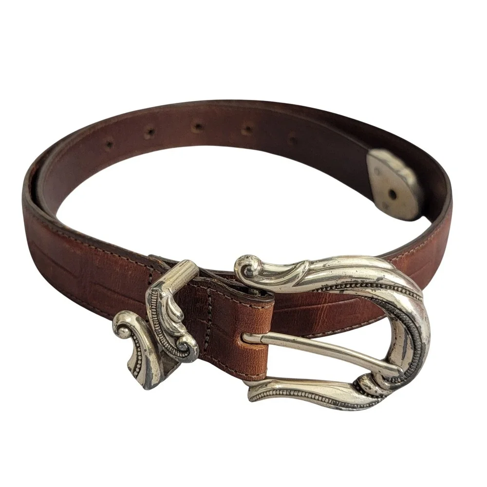 Brown Mock‎ Croc Leather Western Belt Silver Ornate 3pc Buckle Set USA M
